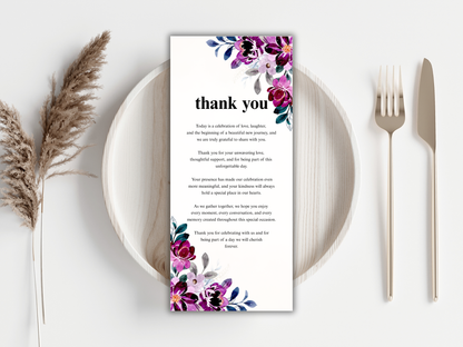 Plum Purple Floral Wedding Invitation Suite,  RSVP, Details, Menu & Thank You Card, Digital Download  MTC411