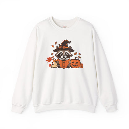 Halloween Raccoon Witch Sweatshirt – Cute Pumpkin & Spooky Book Crewneck