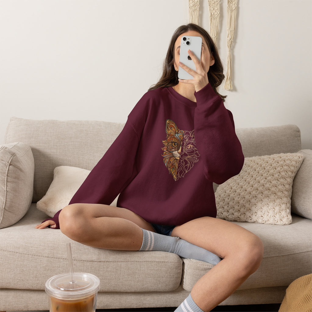Cat Face Split Crewneck Sweatshirt – Half Realistic, Half Line Art Cat Design
