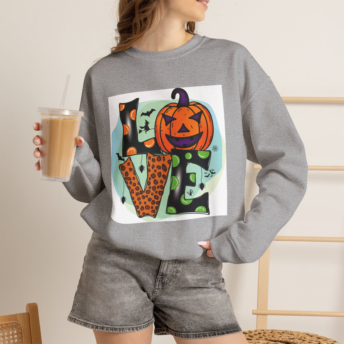 Halloween LOVE Crewneck Sweatshirt — Jack-O'-Lantern & Leopard Print Graphic