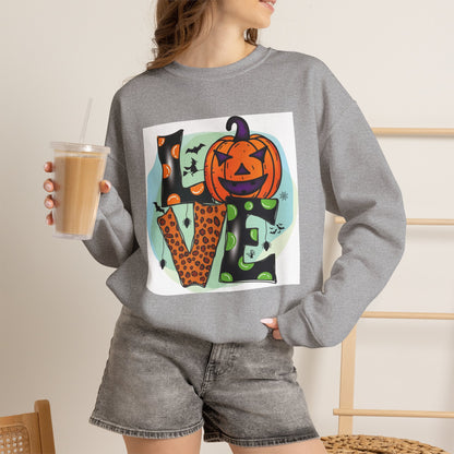 Halloween LOVE Crewneck Sweatshirt — Jack-O'-Lantern & Leopard Print Graphic