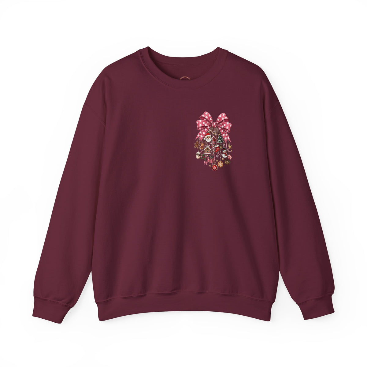 Crewneck Sweatshirt — Floral Heart Ornament with Pink Bow Holiday Design