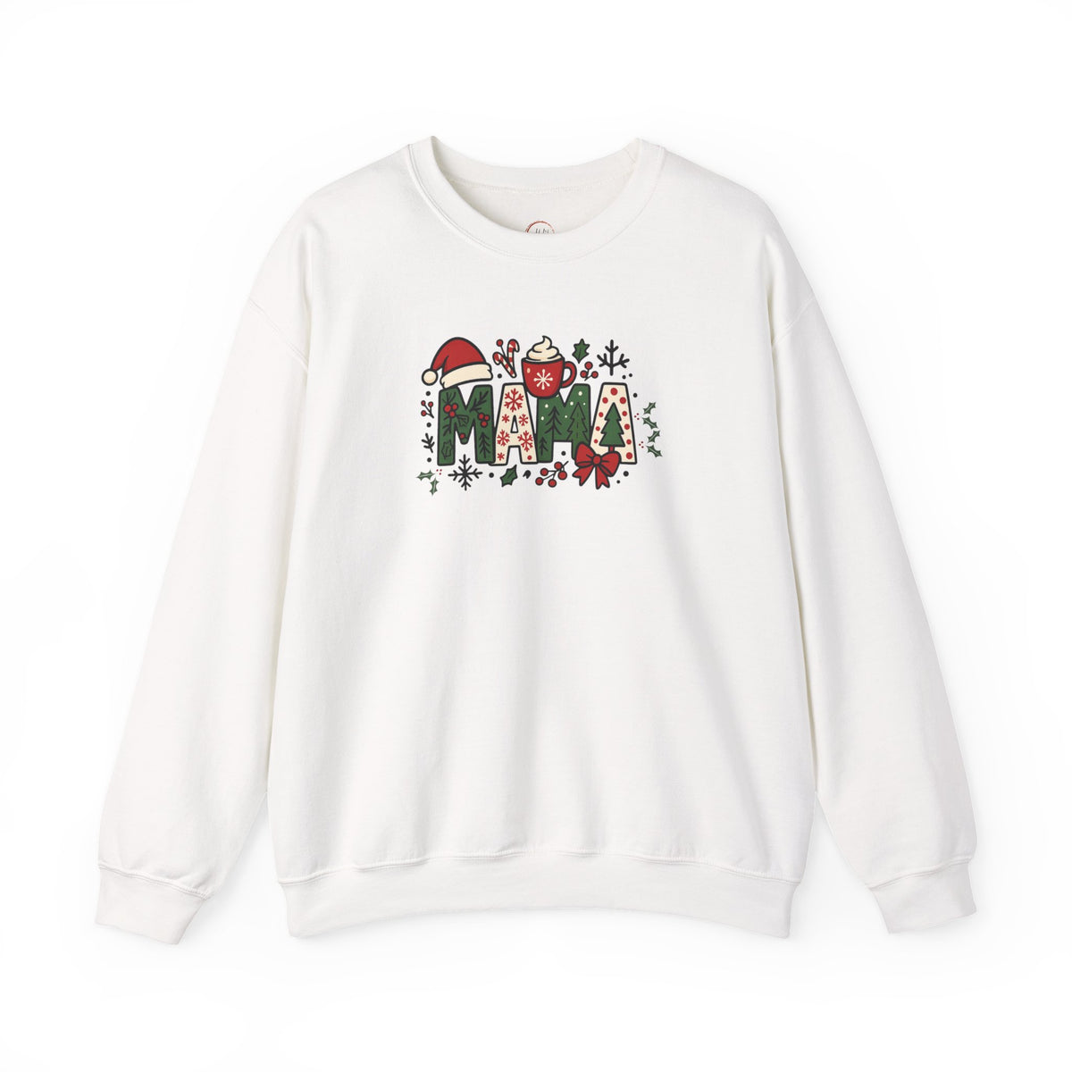 An off-white crewneck sweatshirt featuring a festive Christmas-themed graphic on the chest that spells 'MAMA' with holiday illustrations.