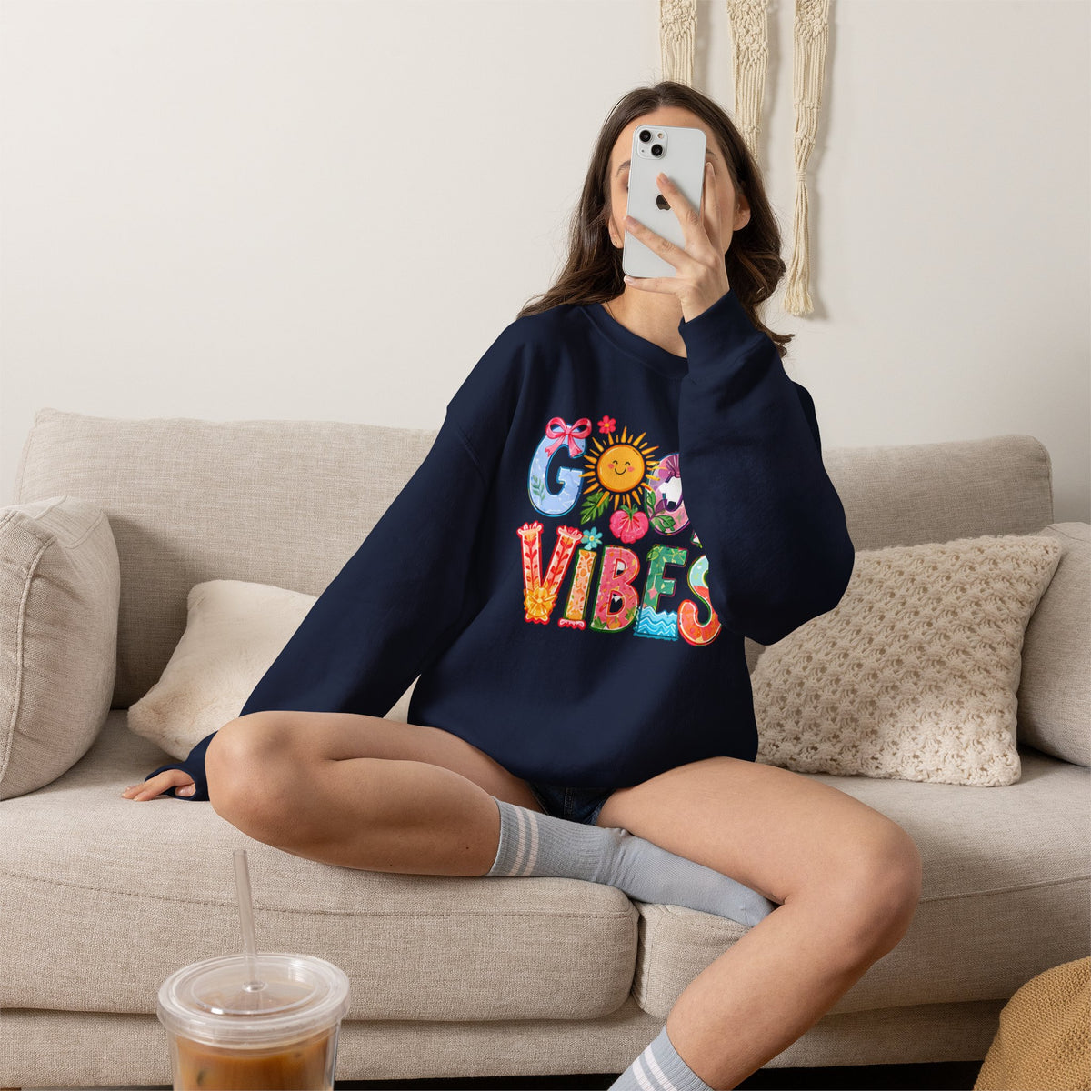 Good Vibes Floral Sweatshirt - Colorful Retro Sun Graphic Crewneck