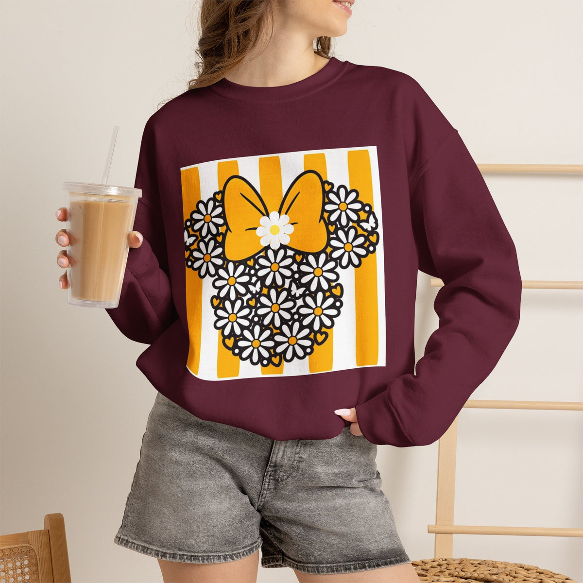 Floral Mouse Head Sweatshirt — Yellow Daisy Bow Crewneck