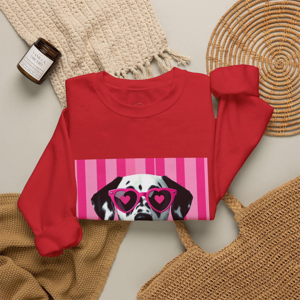 Dalmatian with Heart Sunglasses Sweatshirt — Cute Pink Pet Graphic Crewneck
