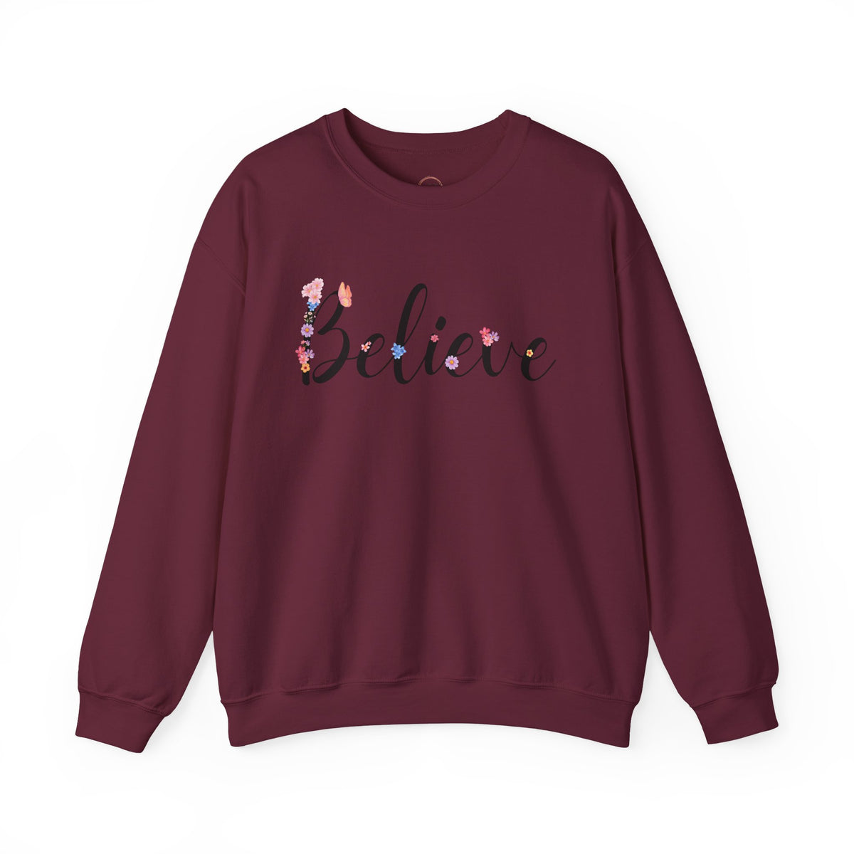 Believe Floral Crewneck Sweatshirt — Inspirational White Pullover