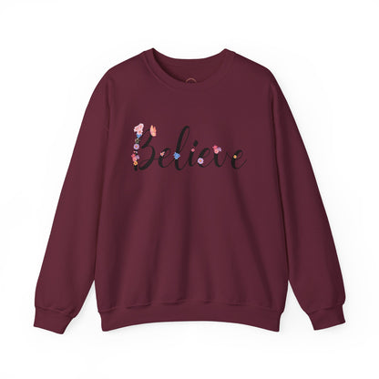 Believe Floral Crewneck Sweatshirt — Inspirational White Pullover