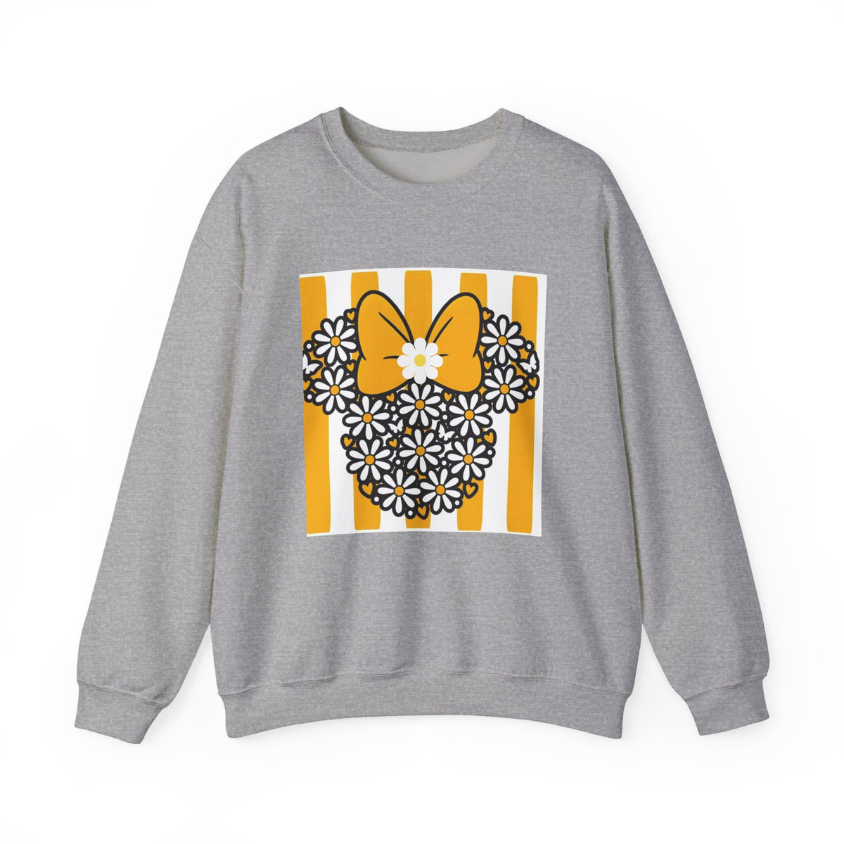 A heather gray crewneck sweatshirt featuring a graphic print of a Minnie Mouse silhouette made of black and white daisies, with a yellow bow and yellow-and-white striped background.