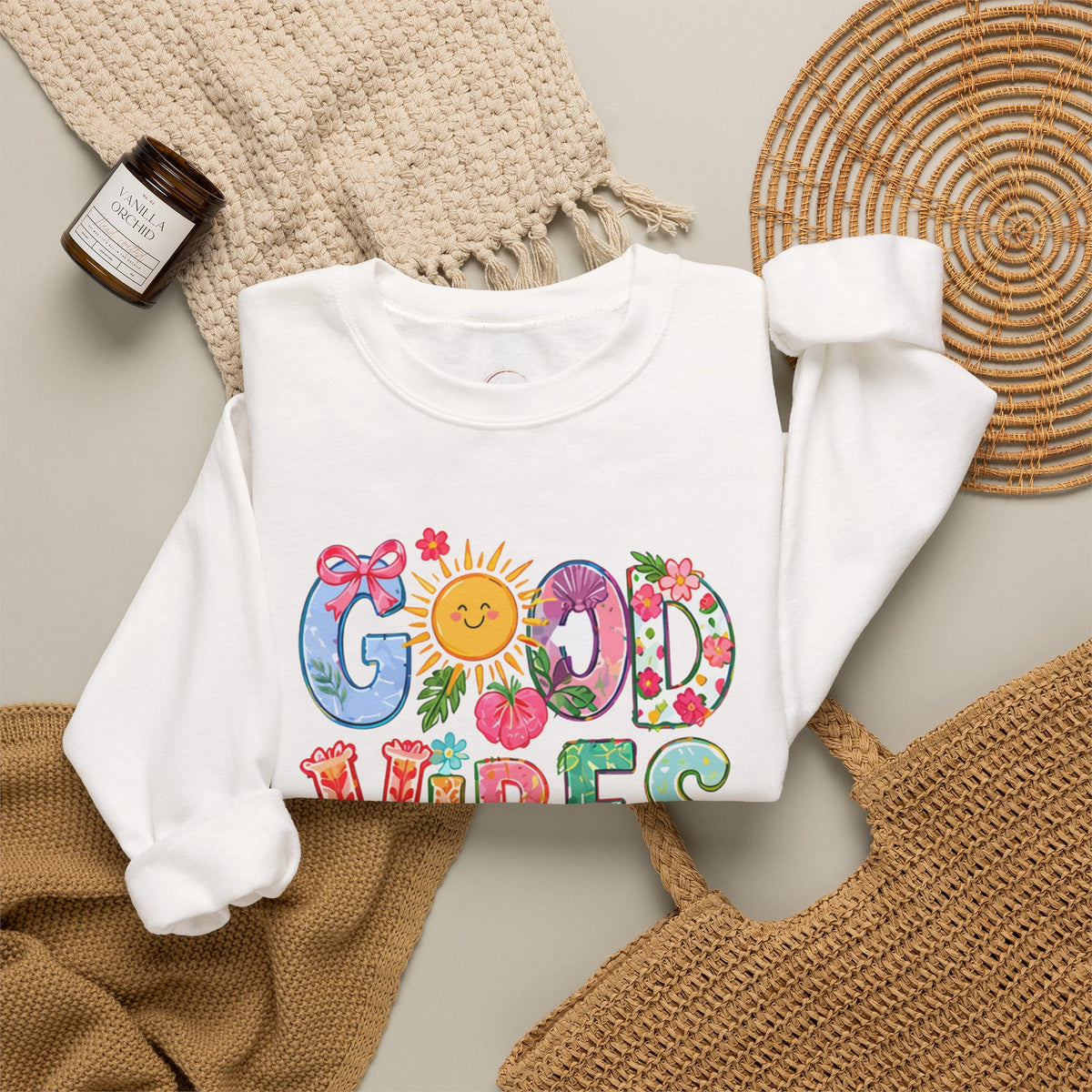 Good Vibes Floral Sweatshirt - Colorful Retro Sun Graphic Crewneck