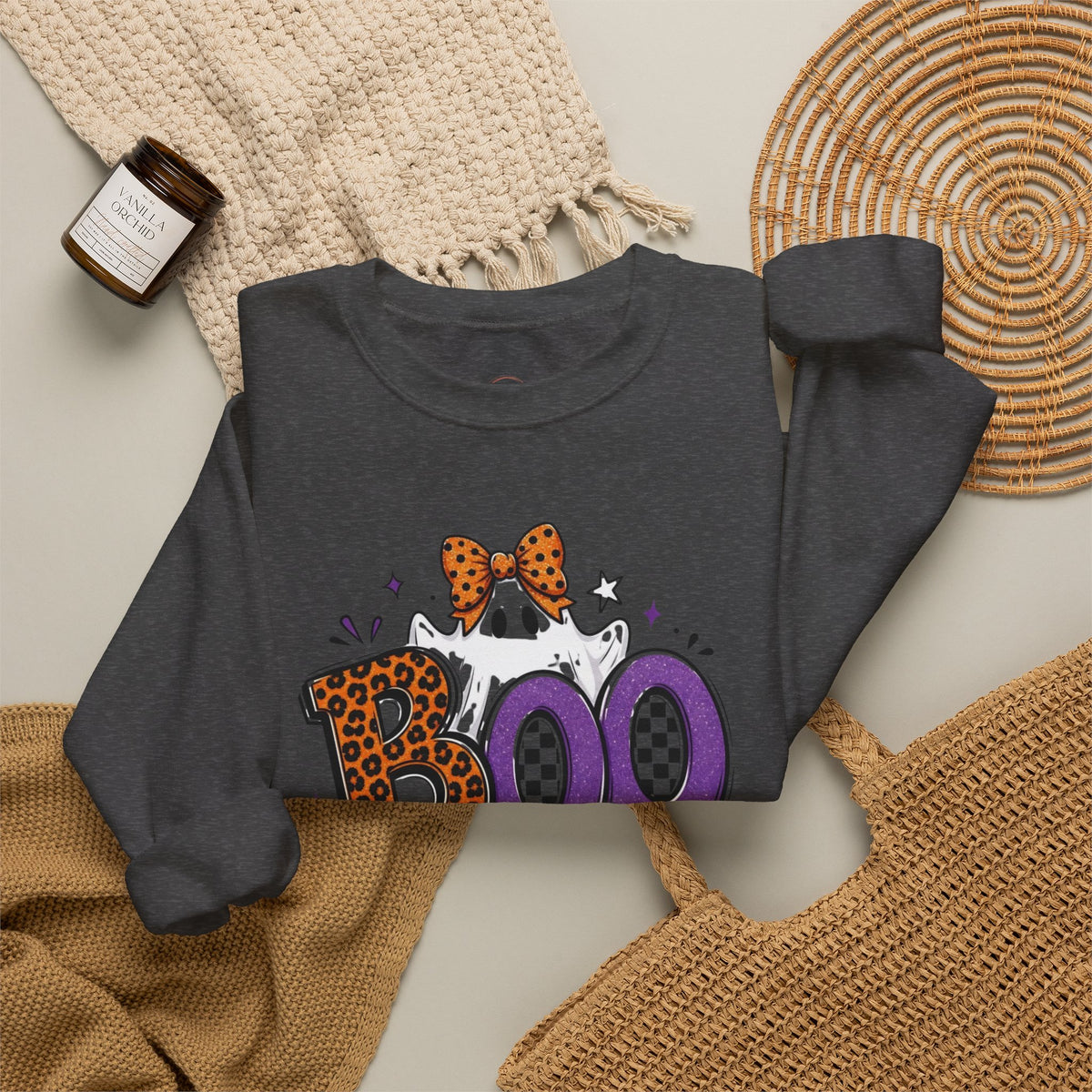 Boo Halloween Sweatshirt — Leopard & Purple Graphic Crewneck