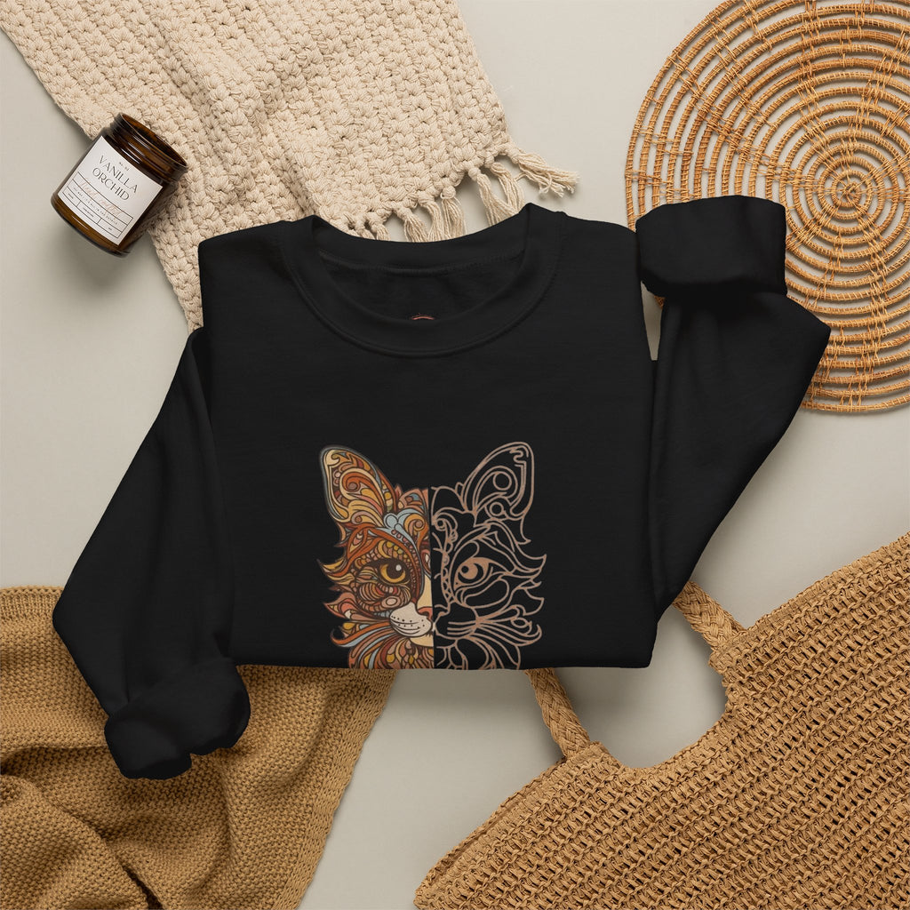 Cat Face Split Crewneck Sweatshirt – Half Realistic, Half Line Art Cat Design
