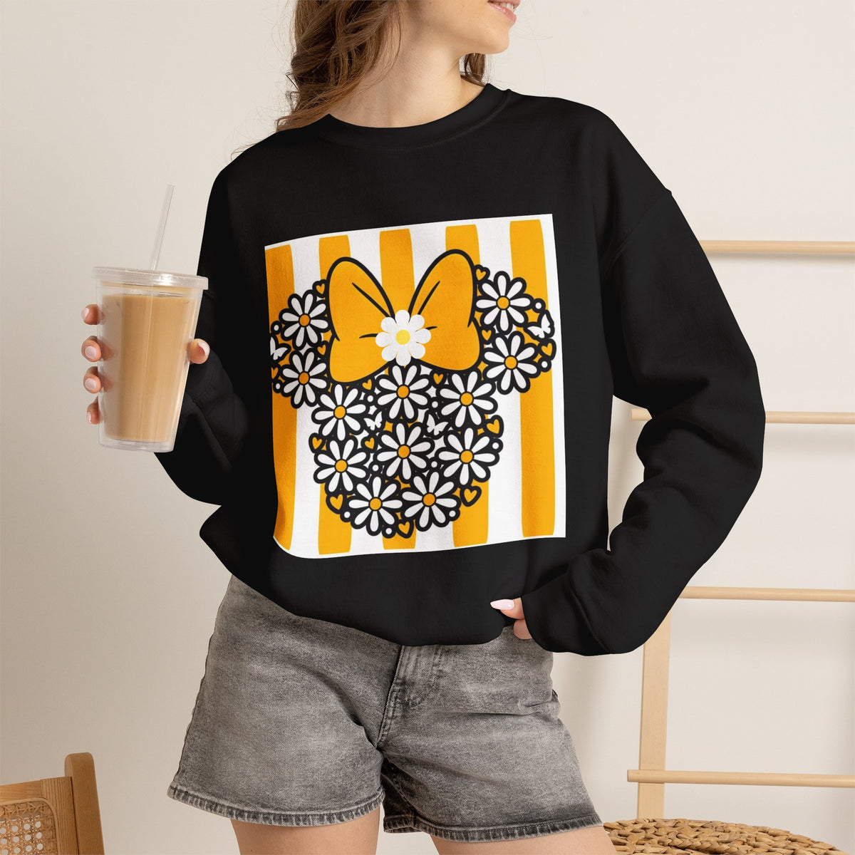 Floral Mouse Head Sweatshirt — Yellow Daisy Bow Crewneck