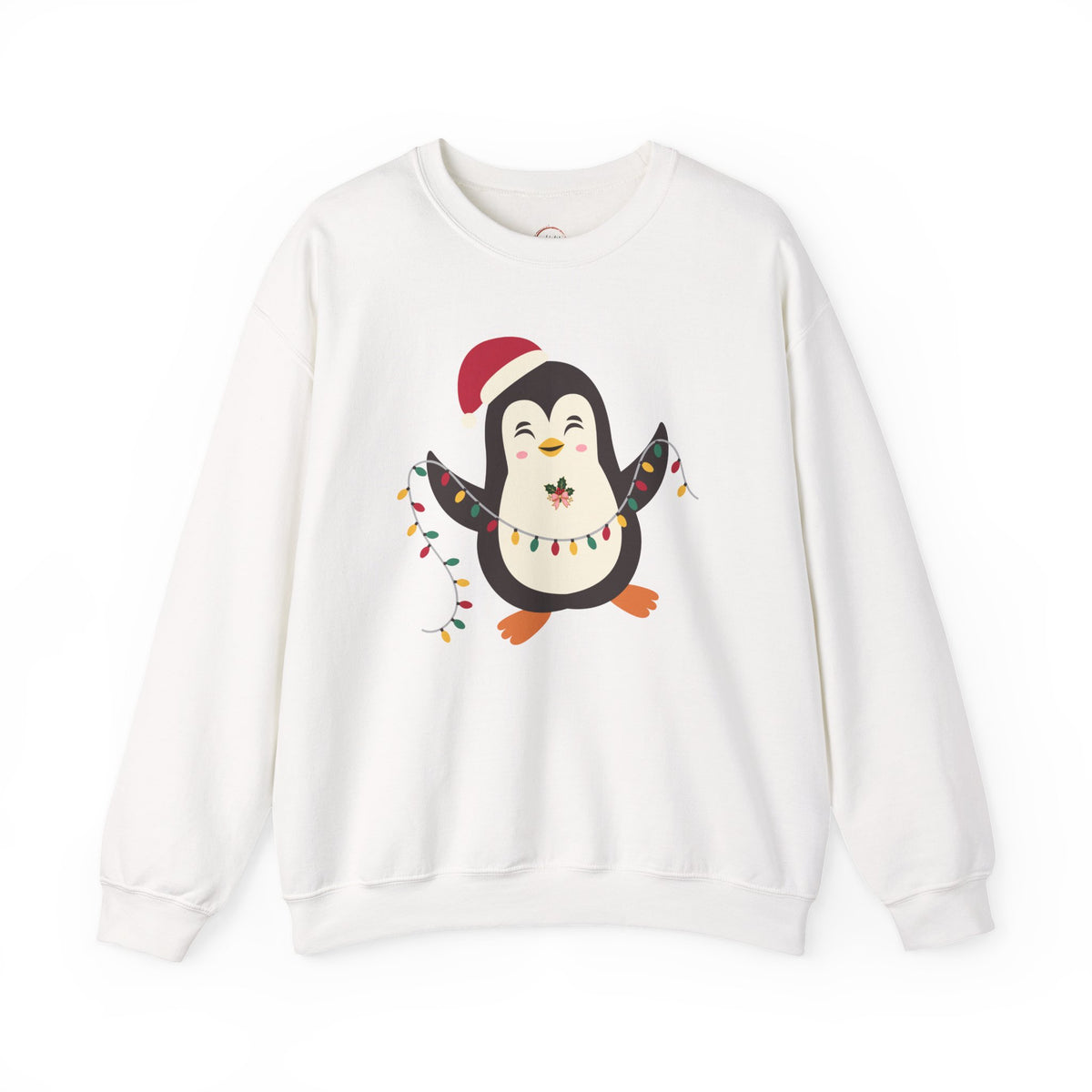 A white crewneck sweatshirt featuring a cartoon penguin graphic wearing a red Santa hat and colorful Christmas lights, displayed on a clean white background.