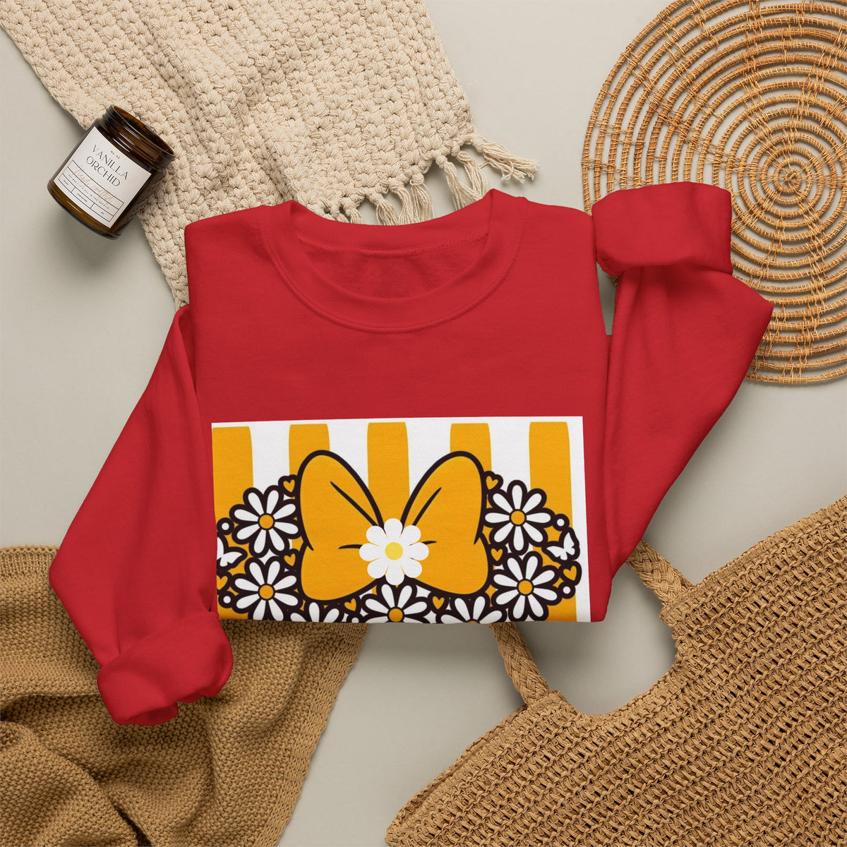 Floral Mouse Head Sweatshirt — Yellow Daisy Bow Crewneck