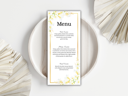 White Lily Wedding invitation Card, Gold Floral Menu Template, Detailed, RVSP,  Editable Thank You, Bottle Label, Table Card, MTC373