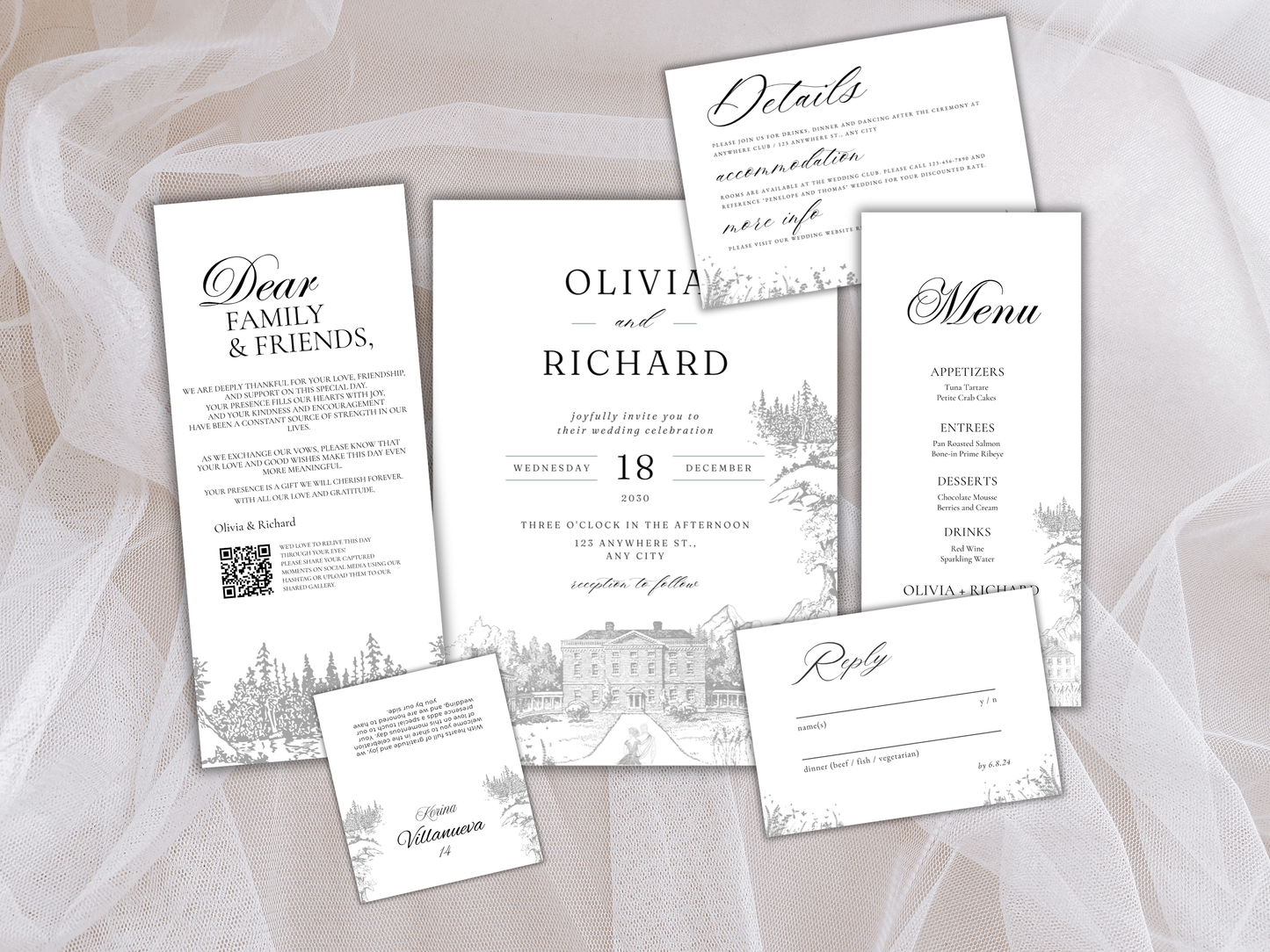Wedding Invitation Bundle, RSVP, Wedding Water Bottle Label, Thank You Card, Table Card, Menu Card, Reception Card, Details Card. WI272
