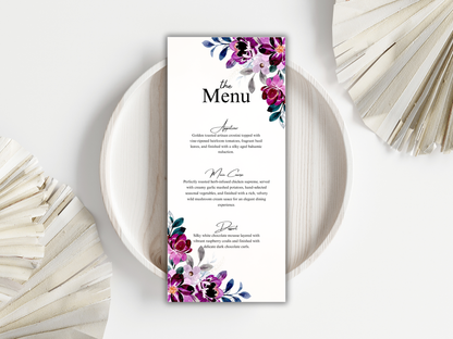 Plum Purple Floral Wedding Invitation Suite,  RSVP, Details, Menu & Thank You Card, Digital Download  MTC411