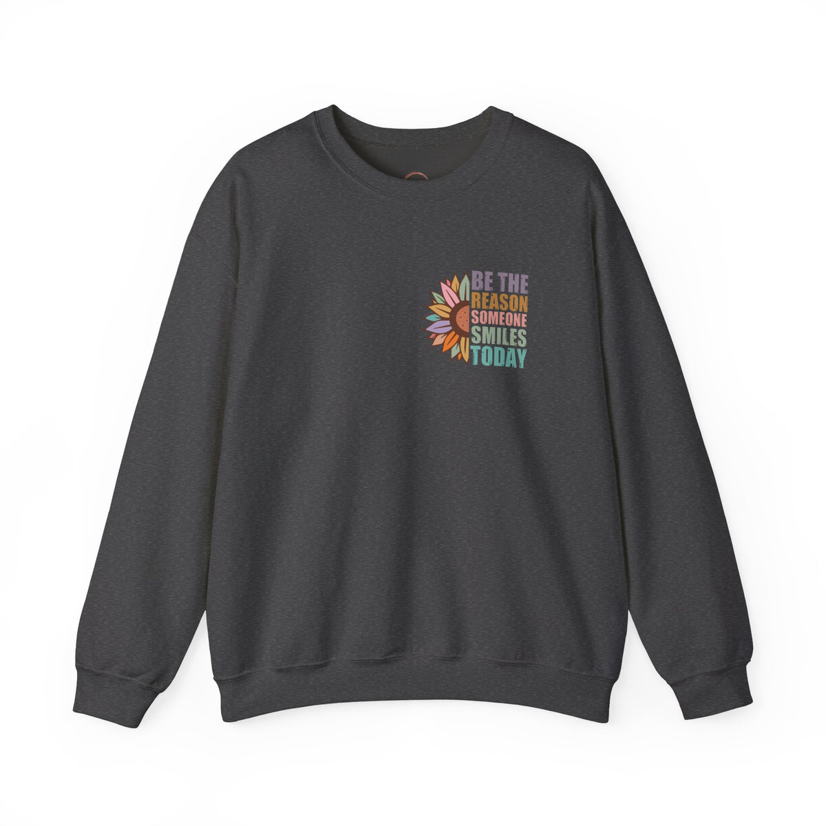 Dark gray sweatshirt with a logo on the chest against a white background
