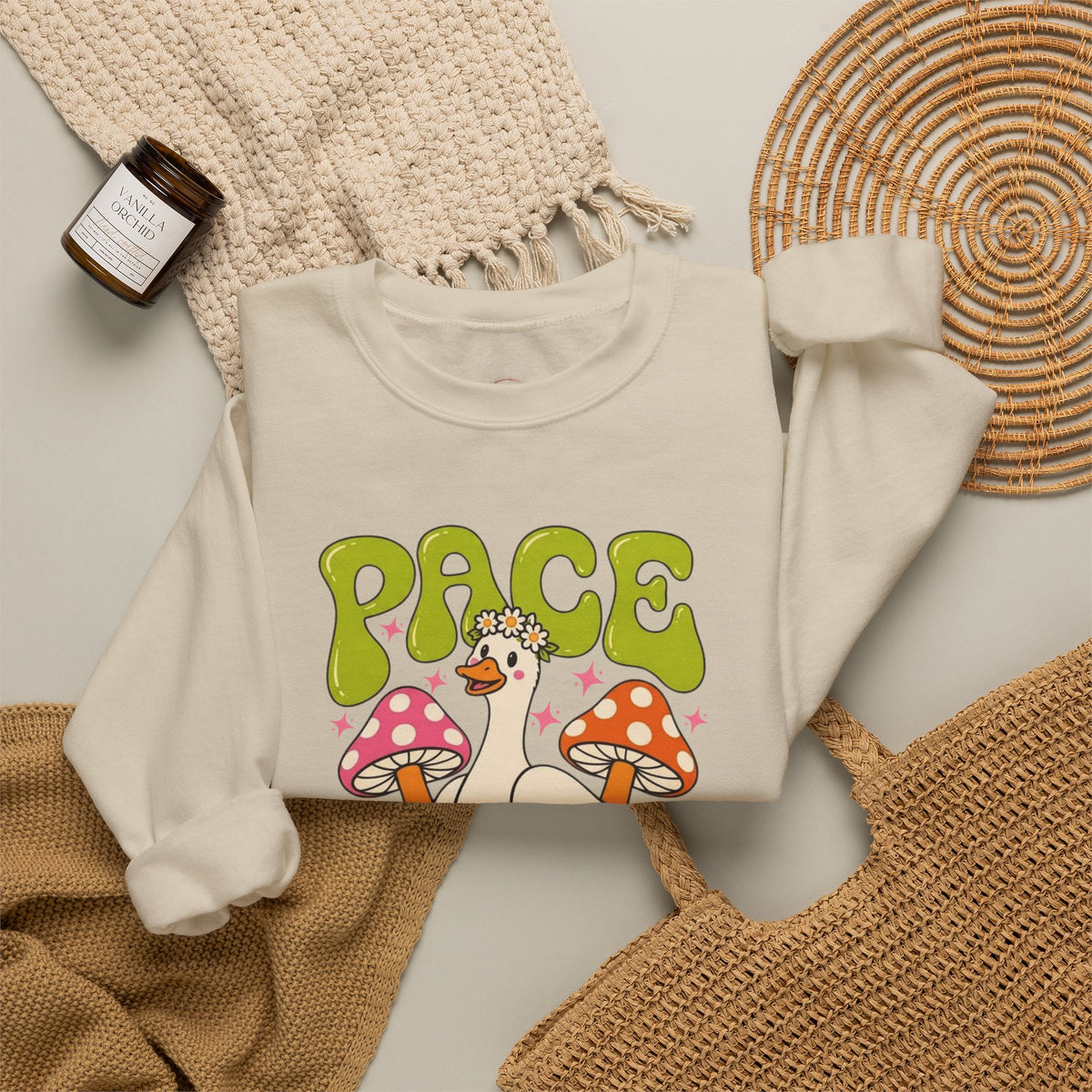 Peace Yourself Crewneck Sweatshirt — Retro Duck & Mushrooms Graphic