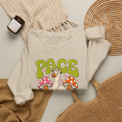 Peace Yourself Crewneck Sweatshirt — Retro Duck & Mushrooms Graphic