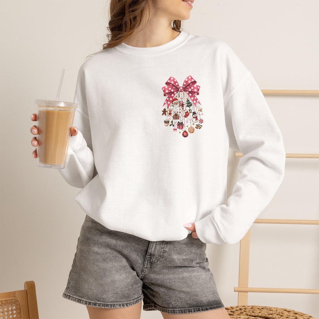 Crewneck Sweatshirt — Floral Heart Ornament with Pink Bow Holiday Design