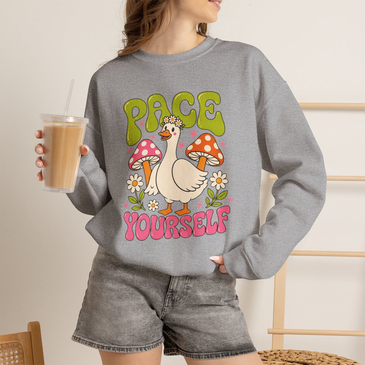 Peace Yourself Crewneck Sweatshirt — Retro Duck & Mushrooms Graphic