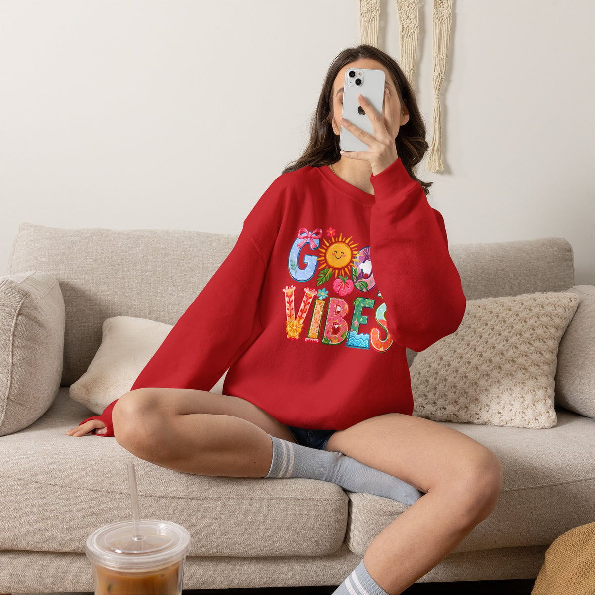 Good Vibes Floral Sweatshirt - Colorful Retro Sun Graphic Crewneck