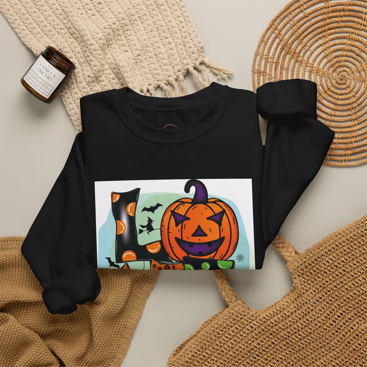 Halloween LOVE Crewneck Sweatshirt — Jack-O'-Lantern & Leopard Print Graphic