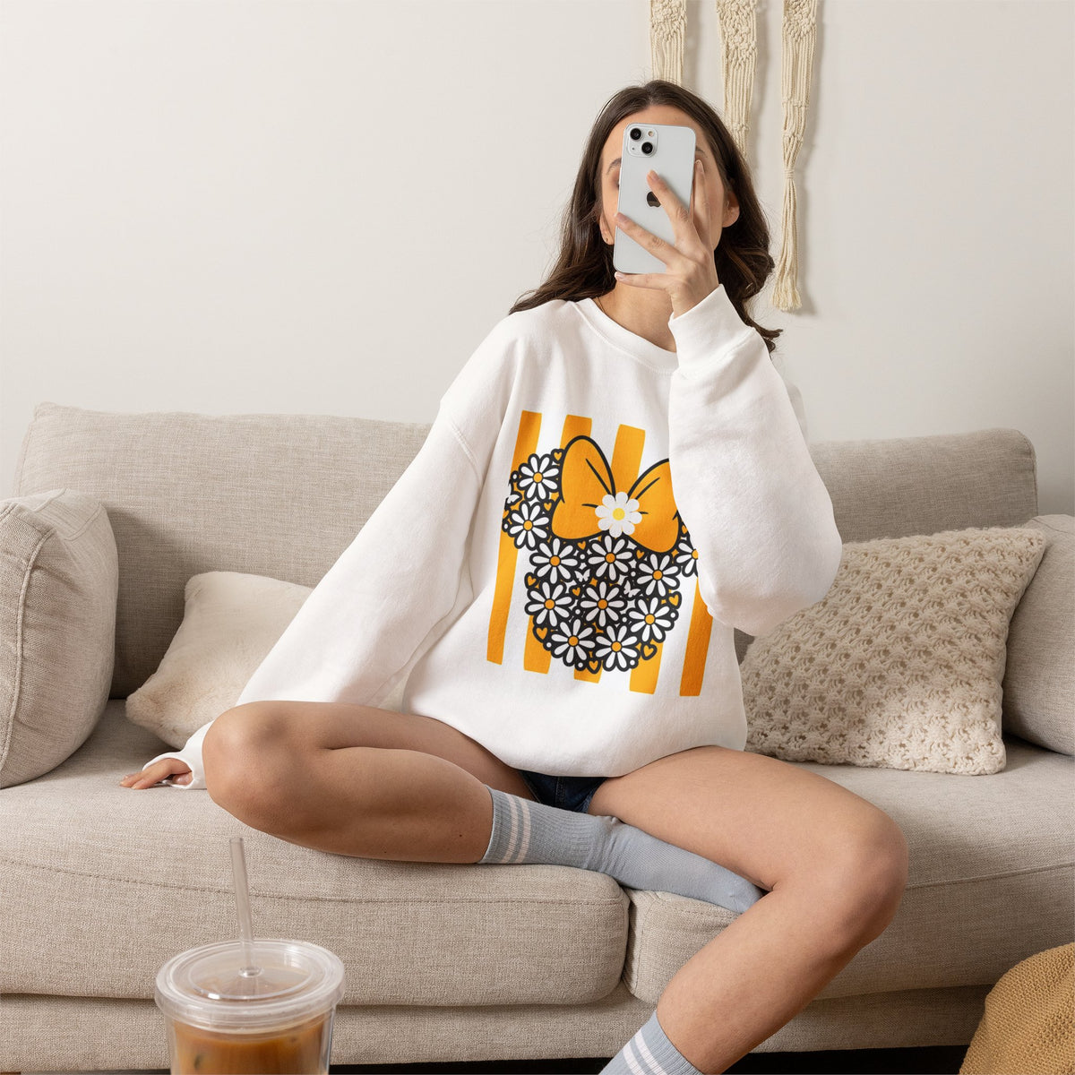 Floral Mouse Head Sweatshirt — Yellow Daisy Bow Crewneck