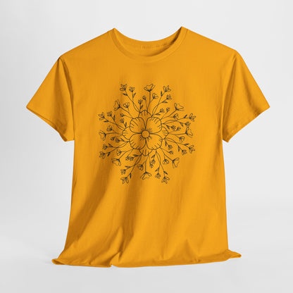 Floral Mandala Tee, Hand-Drawn Black Flower Graphic T-Shirt