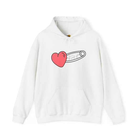 Heart Safety Pin Hoodie, Cozy Sweatshirt, Cute Gift for Her, Valentine's Day Apparel, Casual Streetwear