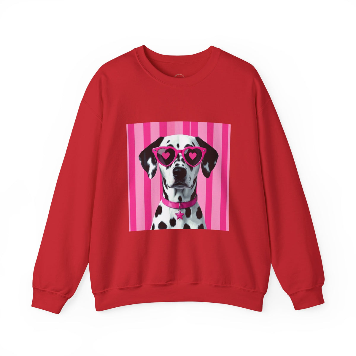 A red crewneck sweatshirt featuring a graphic print of a Dalmatian dog wearing pink heart-shaped sunglasses against a pink striped background.