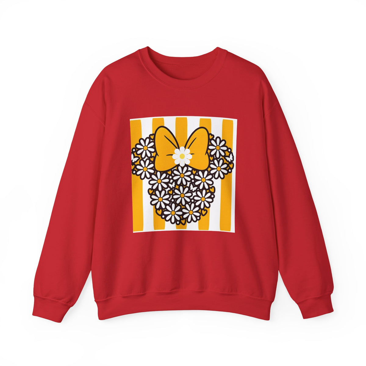A red crewneck sweatshirt featuring a graphic print of a yellow bow and black-and-white daisy flowers on a background of yellow and white vertical stripes.