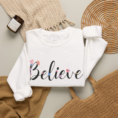 Believe Floral Crewneck Sweatshirt — Inspirational White Pullover
