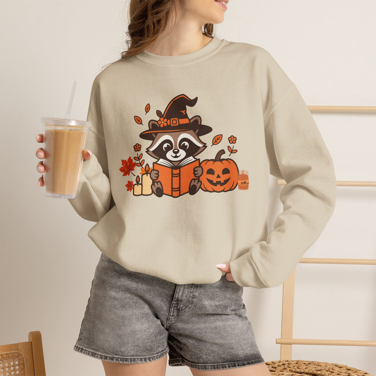 Halloween Raccoon Witch Sweatshirt – Cute Pumpkin & Spooky Book Crewneck