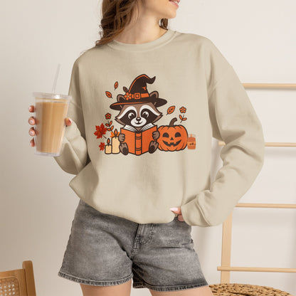 Halloween Raccoon Witch Sweatshirt – Cute Pumpkin & Spooky Book Crewneck