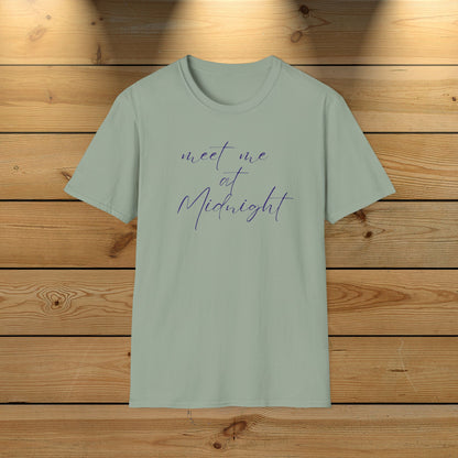 Midnight Rendezvous Unisex Softstyle T-Shirt, Midnight Meeting Tee, Moonlight Encounter Shirt, Late Night Date Top, Starry Sky Gift