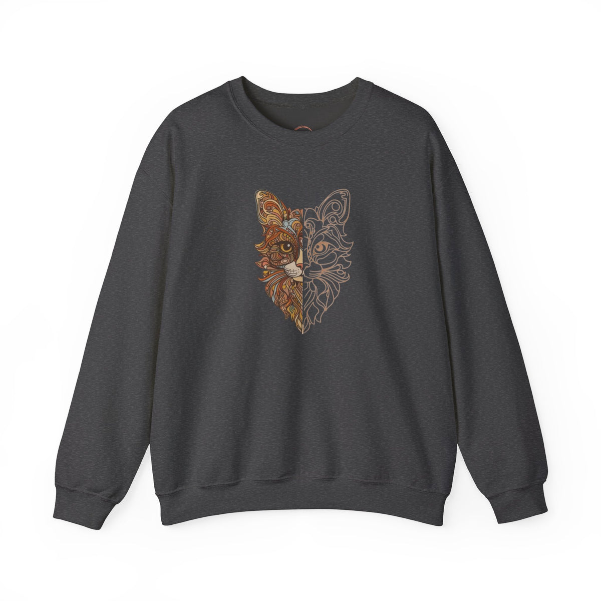 Cat Face Split Crewneck Sweatshirt – Half Realistic, Half Line Art Cat Design