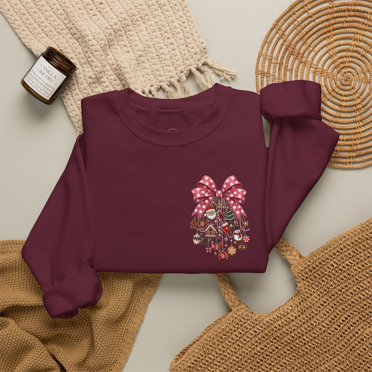 Crewneck Sweatshirt — Floral Heart Ornament with Pink Bow Holiday Design