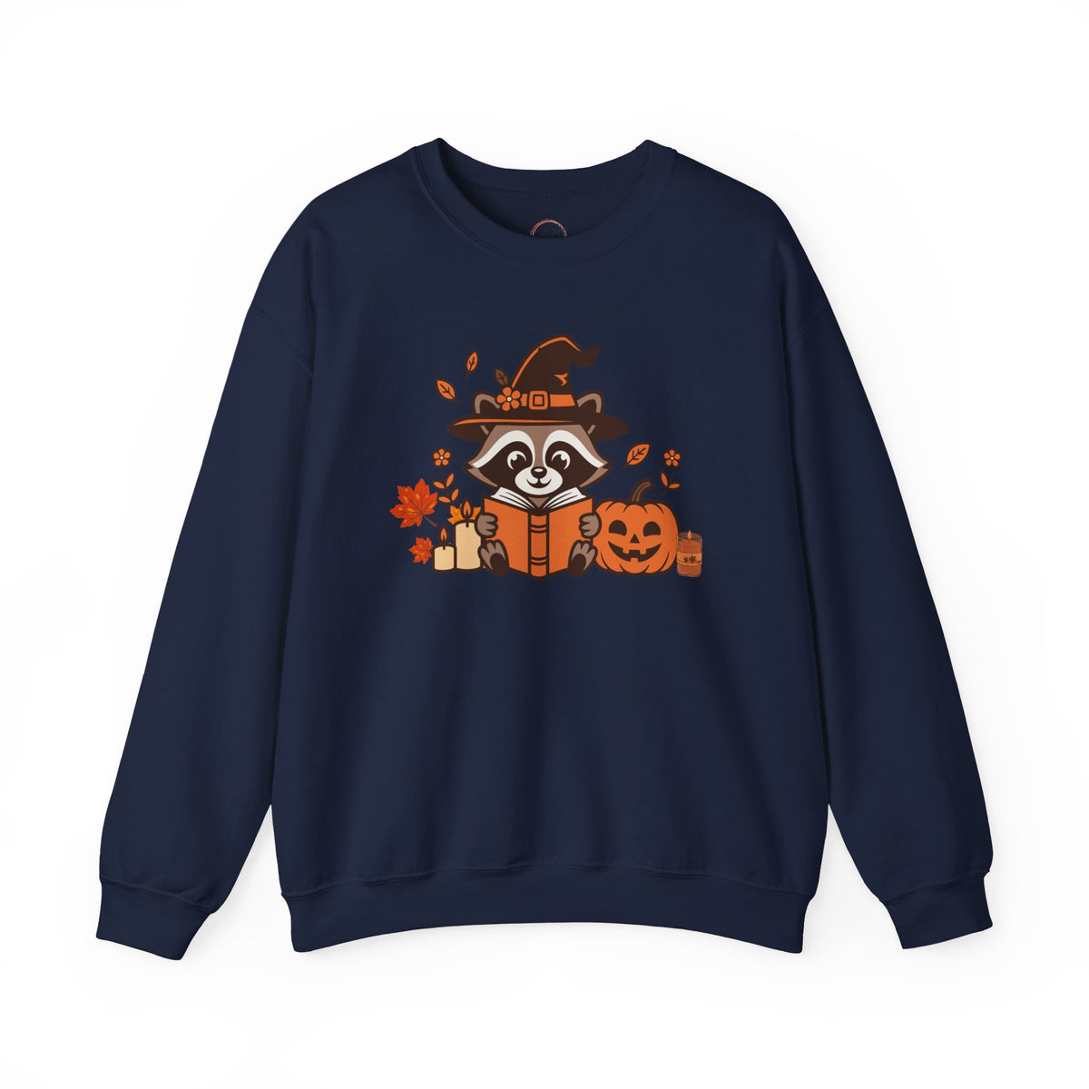 Halloween Raccoon Witch Sweatshirt – Cute Pumpkin & Spooky Book Crewneck