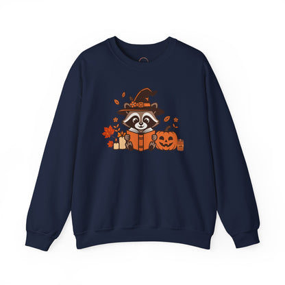 Halloween Raccoon Witch Sweatshirt – Cute Pumpkin & Spooky Book Crewneck