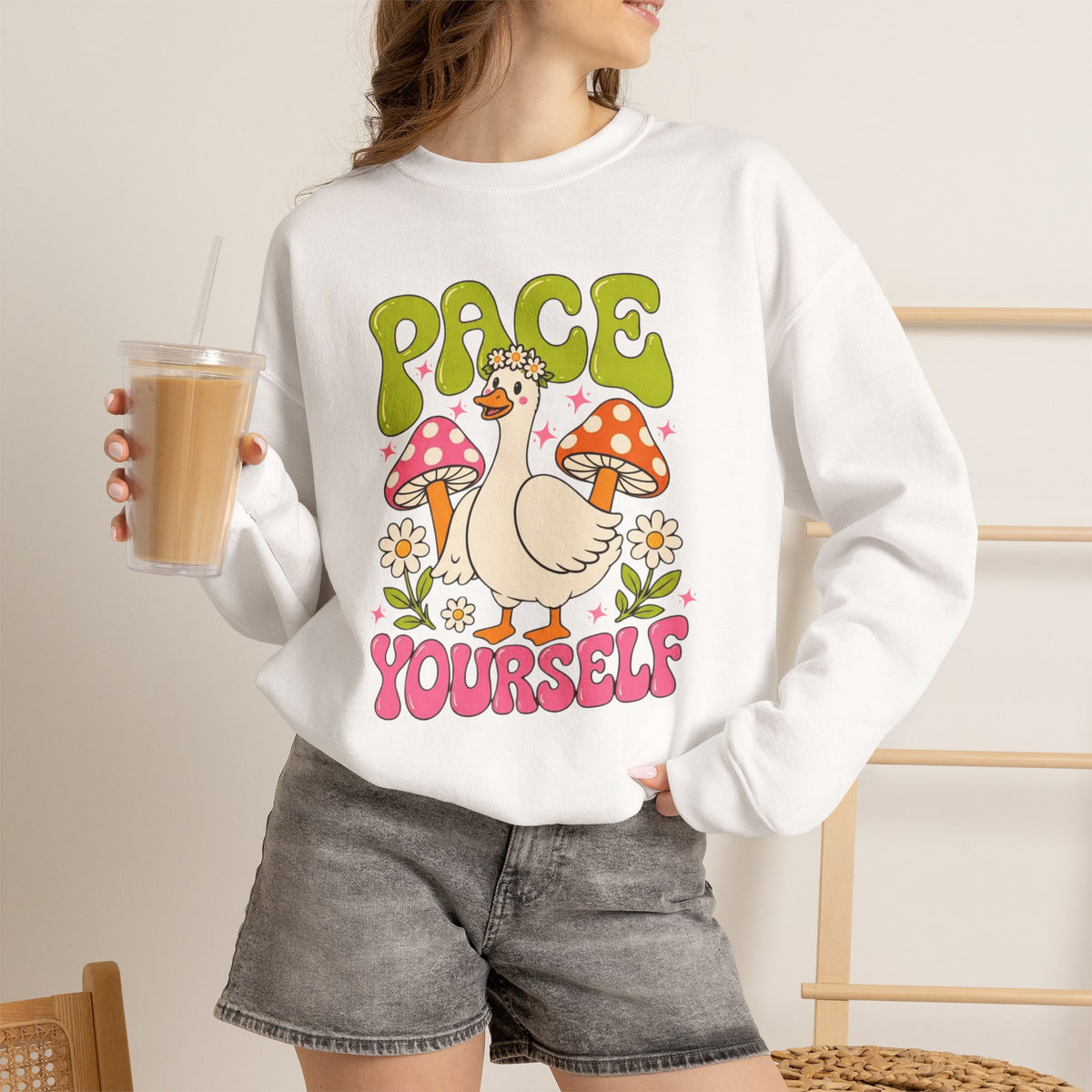 Peace Yourself Crewneck Sweatshirt — Retro Duck & Mushrooms Graphic