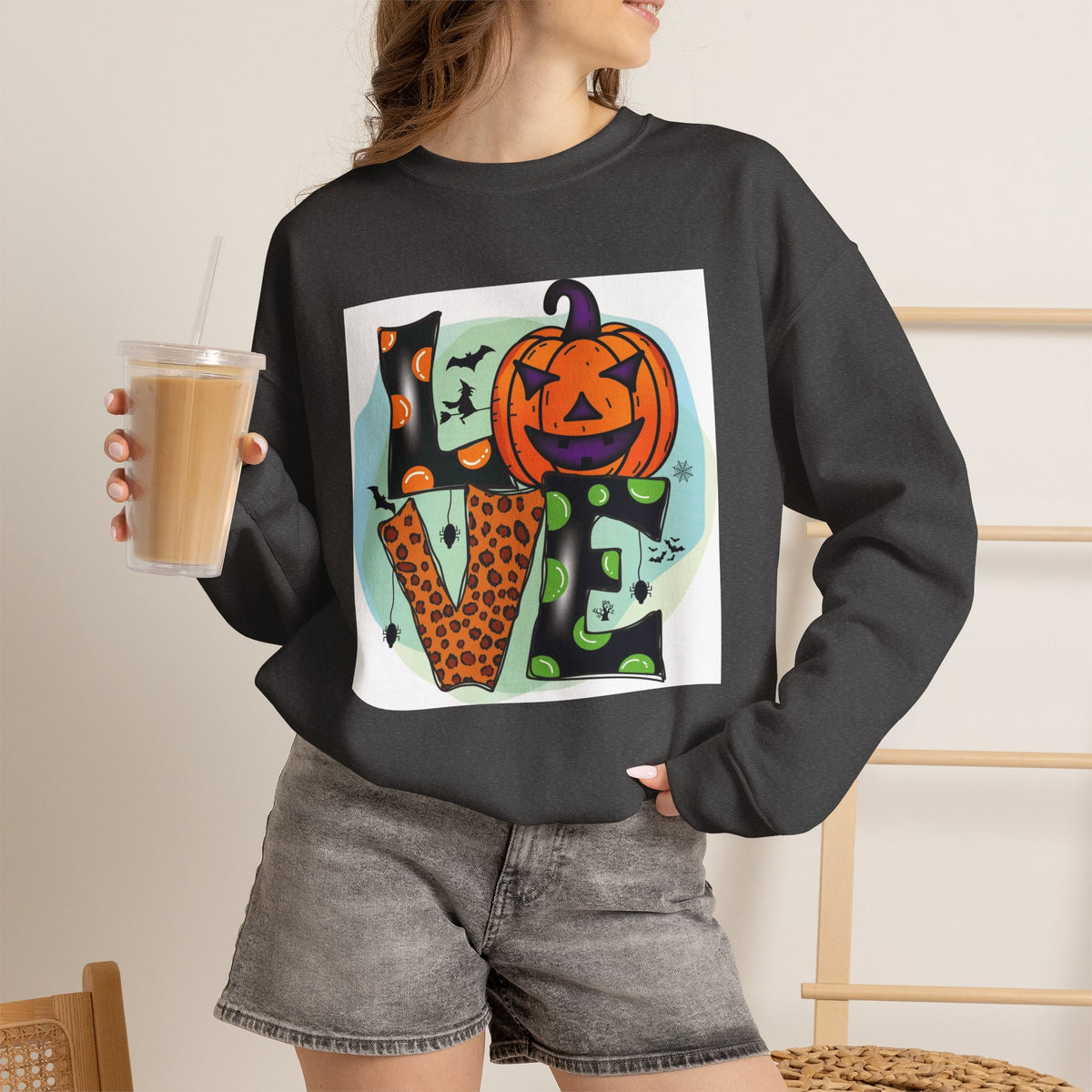 Halloween LOVE Crewneck Sweatshirt — Jack-O'-Lantern & Leopard Print Graphic