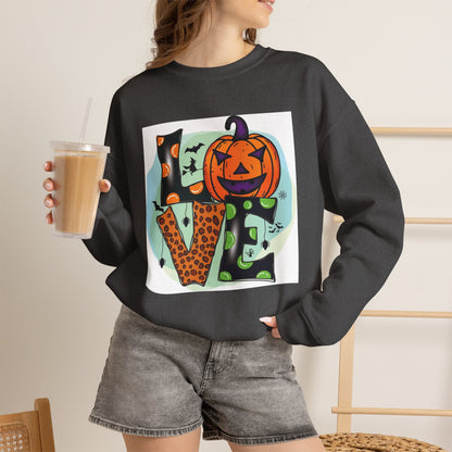 Halloween LOVE Crewneck Sweatshirt — Jack-O'-Lantern & Leopard Print Graphic