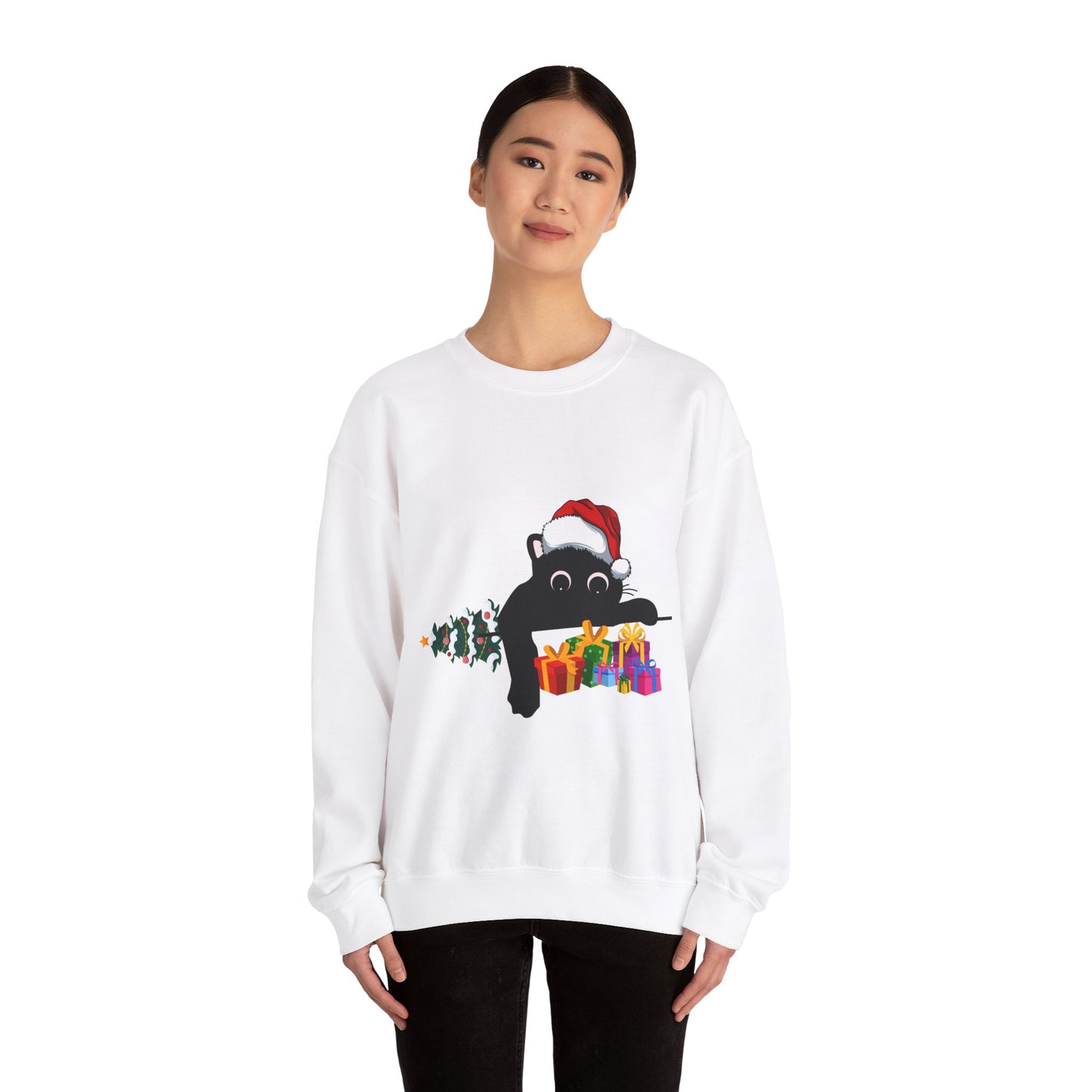 Christmas Cute Cat Sweatshirt Cat Lover Crew Neck Sweatshirt