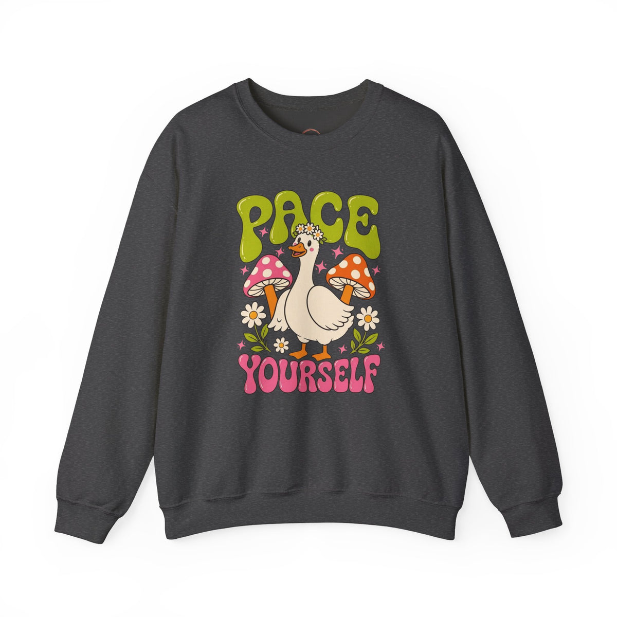 Peace Yourself Crewneck Sweatshirt — Retro Duck & Mushrooms Graphic