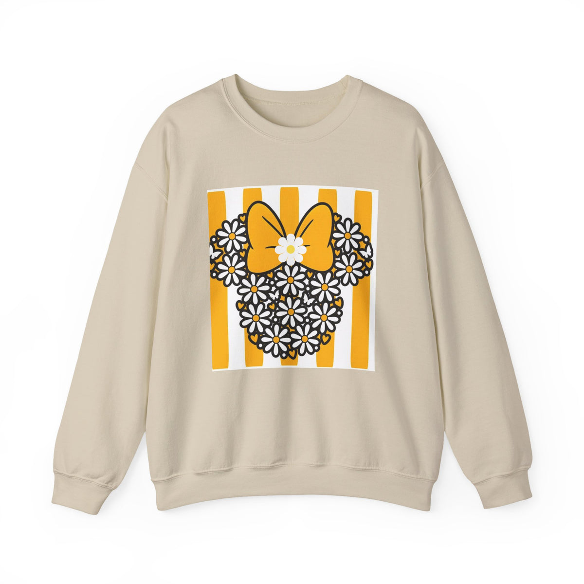 A beige crewneck sweatshirt featuring a graphic print of a black and white daisy patterned heart with a yellow bow on a yellow and white striped background.