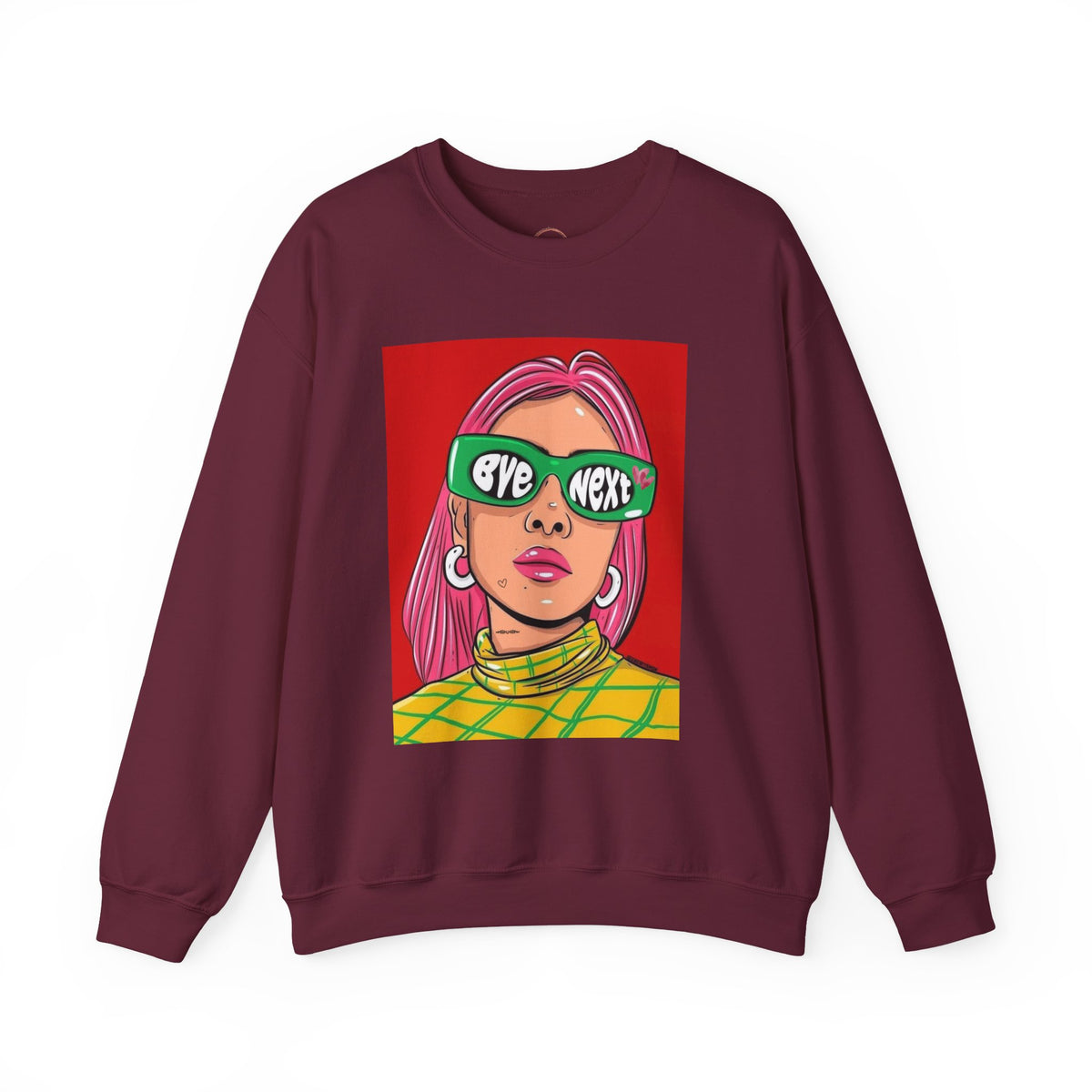 A maroon crewneck sweatshirt featuring a colorful graphic print of a woman with pink hair and green sunglasses on a red background, displayed against a plain white background.