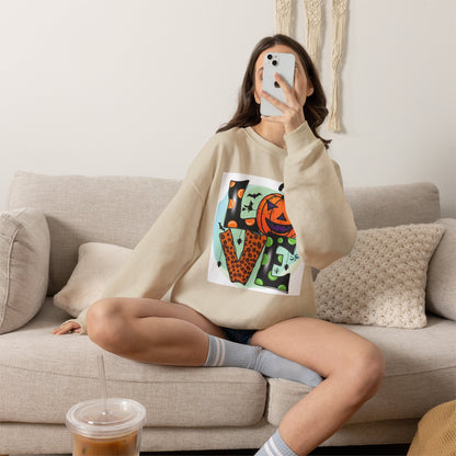 Halloween LOVE Crewneck Sweatshirt — Jack-O'-Lantern & Leopard Print Graphic